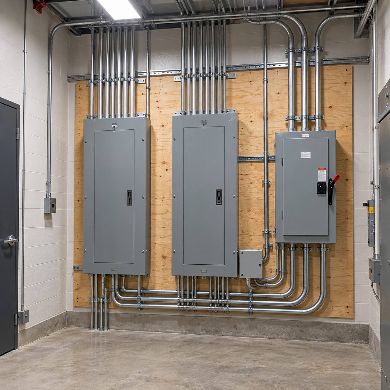 Commercial electrical room with two panelboards, a disconnect switch and conduit runs on a plywood backboard