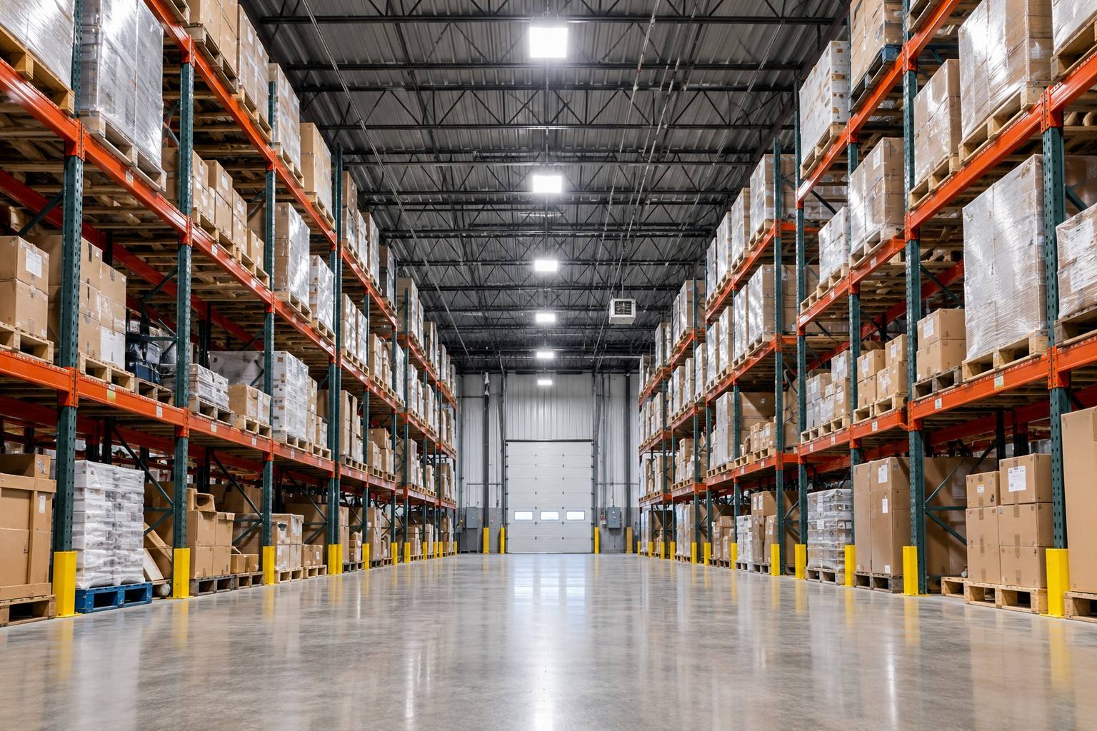 Warehouse aisle between tall pallet racks, lit by LED high-bay fixtures