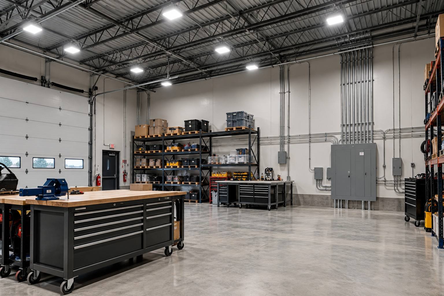 Commercial shop lit by LED high-bay fixtures, with a distribution panel and parallel conduit runs on the back wall