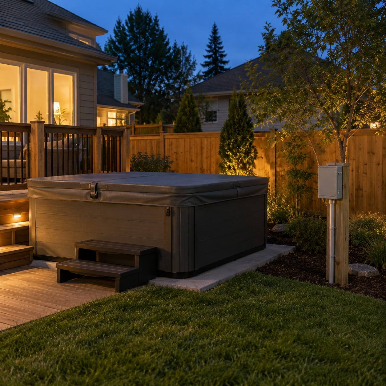 Covered hot tub on a paver pad beside a deck at dusk, with an outdoor electrical disconnect mounted on a wood post a short distance from the tub