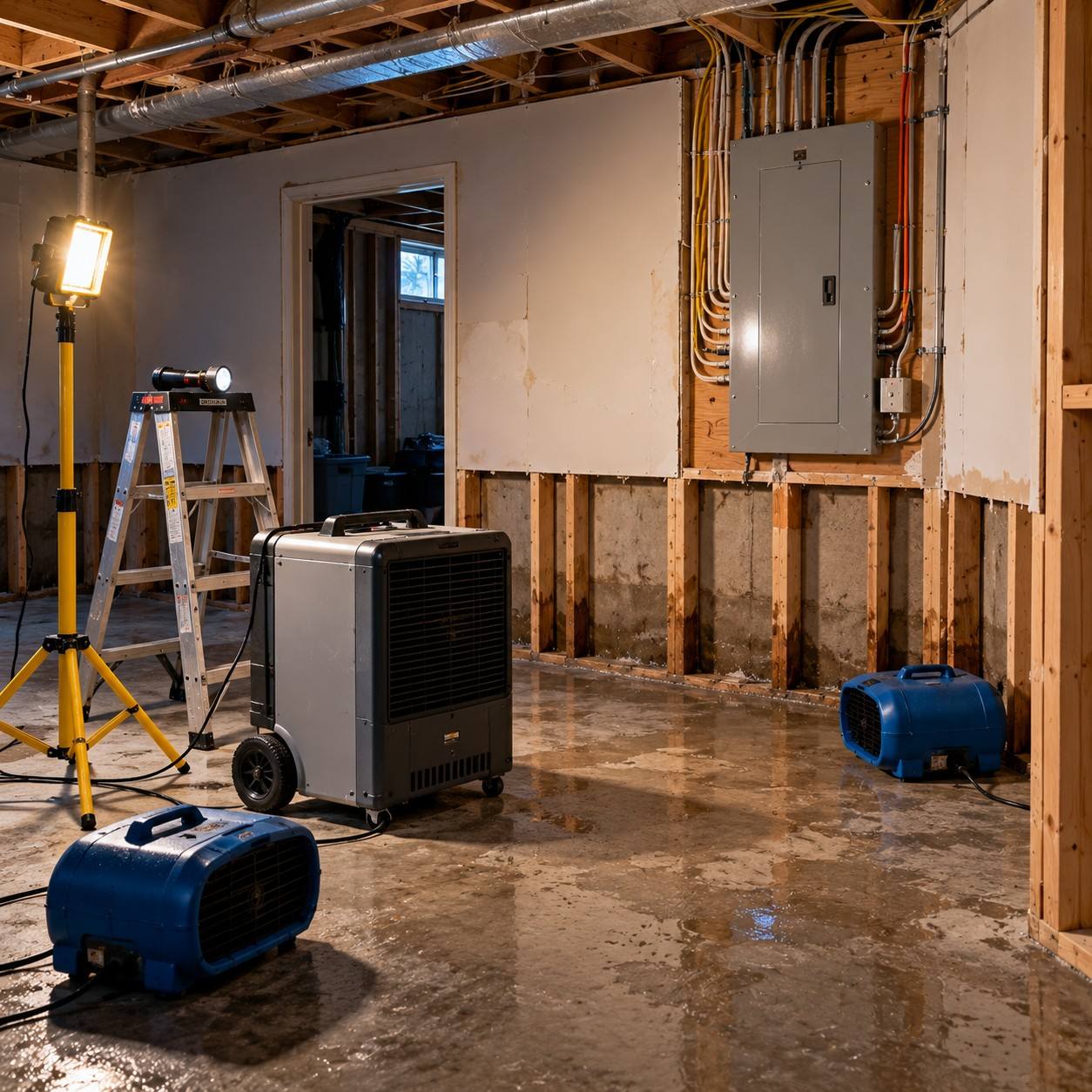 Flooded basement with drywall cut away below the water line, an electrical panel on the wall and drying equipment on the wet floor